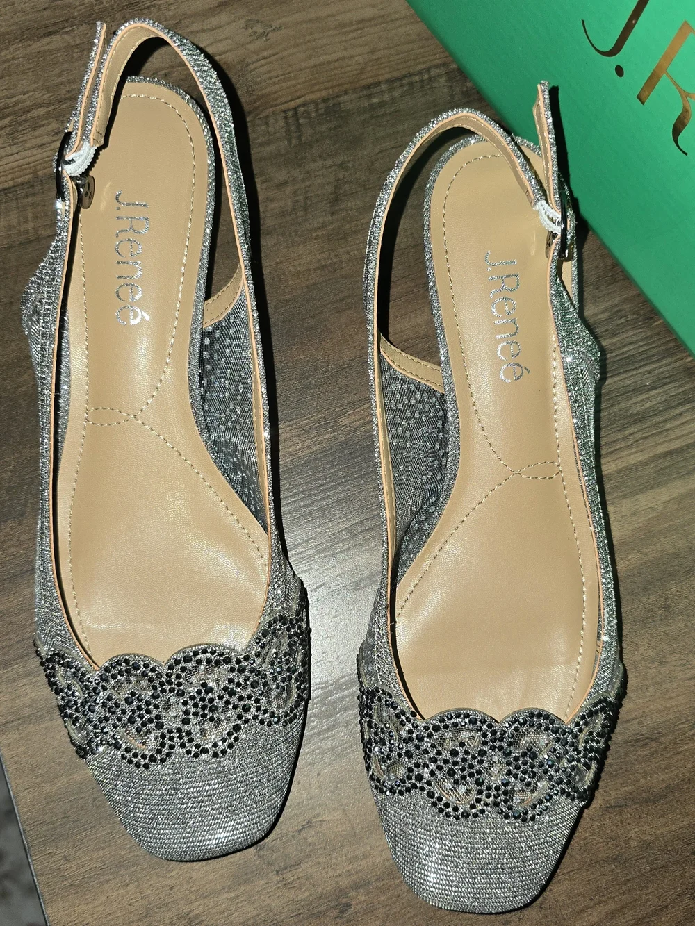 J. Renee Faleece Silver Embellished Blinv Slingback Flats size 7 Wide 1in Heel